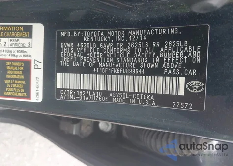 2015 Toyota Camry Xle z USA, uszkodzony, nr VIN 4T1BF1FK6FU899644